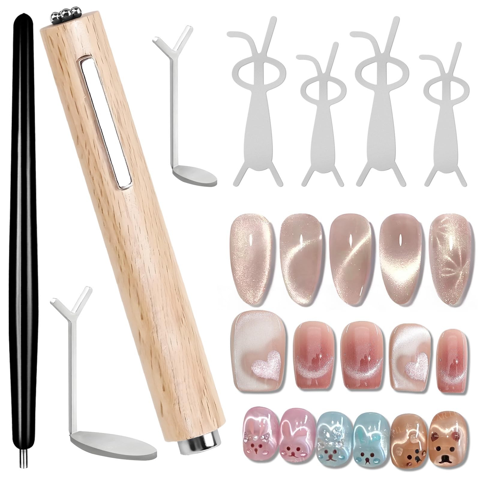 8Pcs 3 in 1 Cat Eye Nail Magnet Tool Set, Wooden Handle Heart Wood color