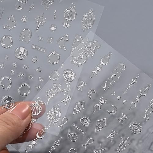 12 Sheets Bronzing Silver Nail Art Stickers, 3D Self-Adhesive Sun Moon Style12