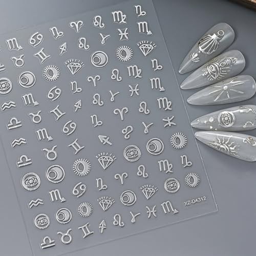 12 Sheets Bronzing Silver Nail Art Stickers, 3D Self-Adhesive Sun Moon Style12