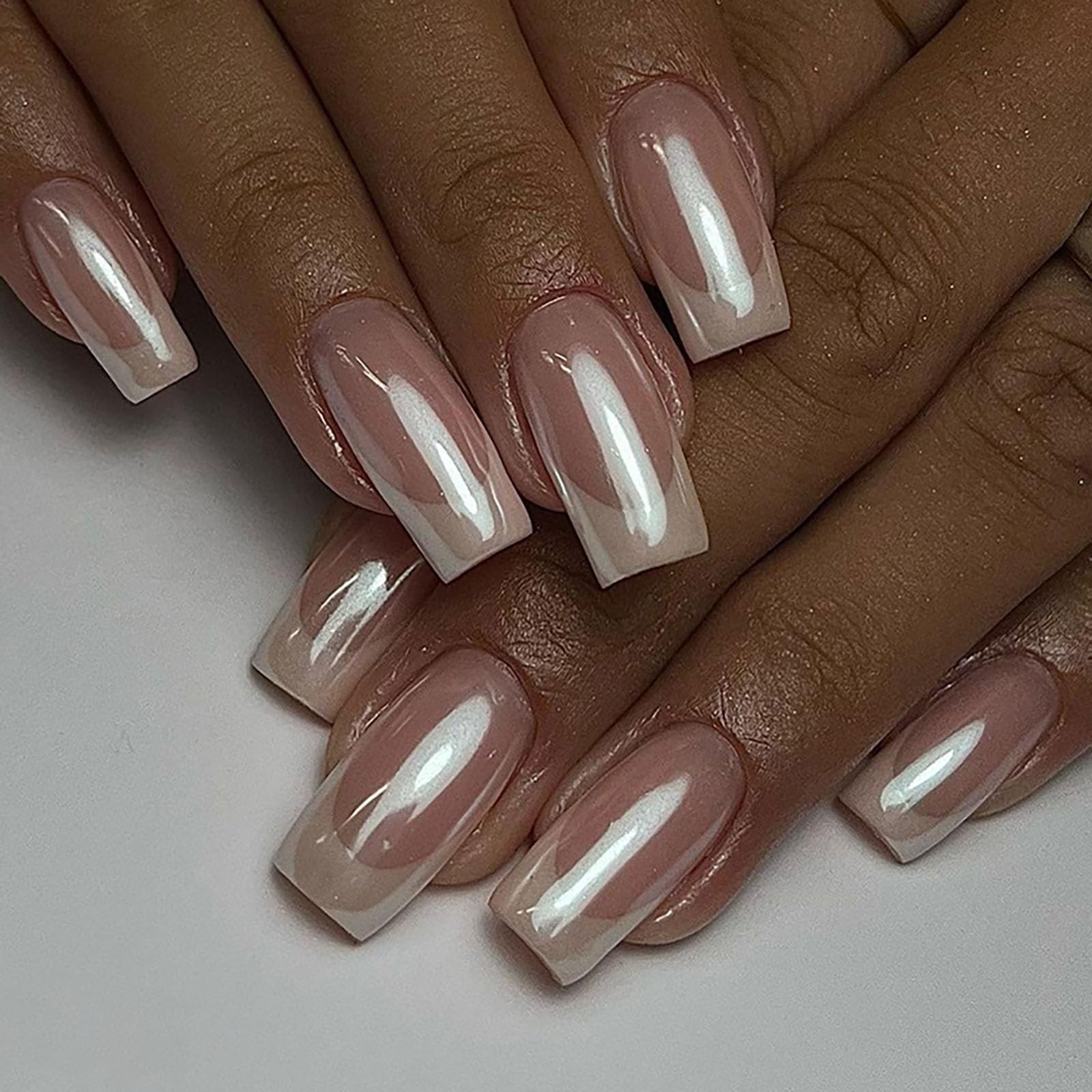 Medium Square French Tip White Flash Full Cover False Nails – 24Pcs with Glos…