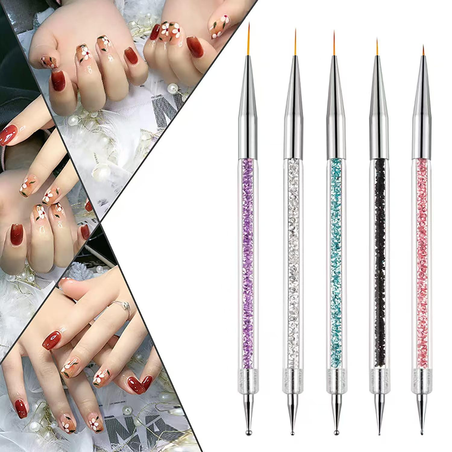 10Pcs Double Ended Nail Art Tool Set, Rhinestone Handle Nail Brushes with Ultra