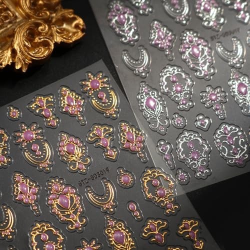 5D Nail Stickers Gold Silver Self-Adhesive Embossed Retro Royal Court Style