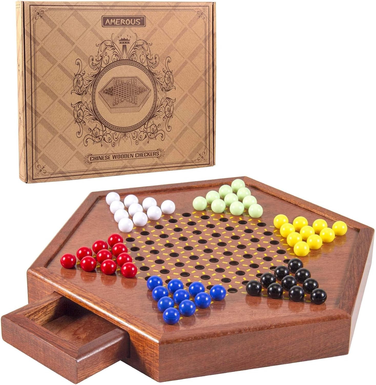 AMEROUS 12.5 inches Wooden Chinese Checkers Set with Storage Drawer – 60…