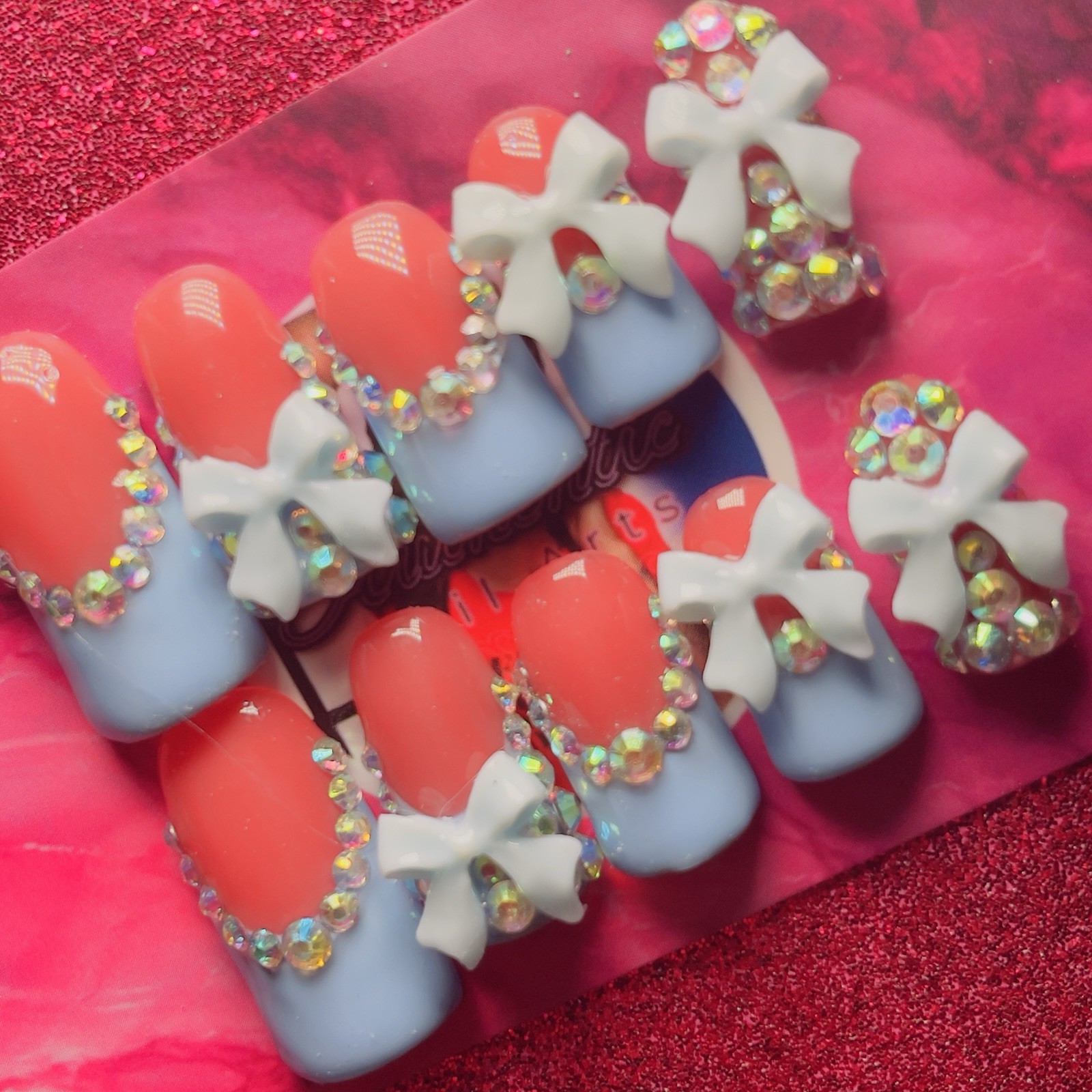 Baby Blue 3D Bow Crystal Press-On Nails Short Square 10pcs