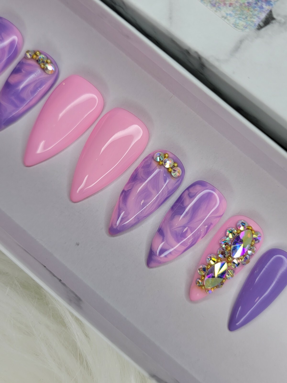 Pink & purple marble bling press on nails stiletto watercolor spring pastel nail