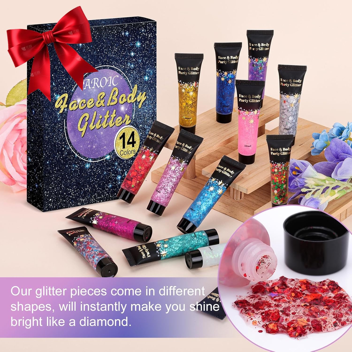 14 Colors Body Glitter, 4th of July Face & Hair Glitter Gel Set for Festival,…