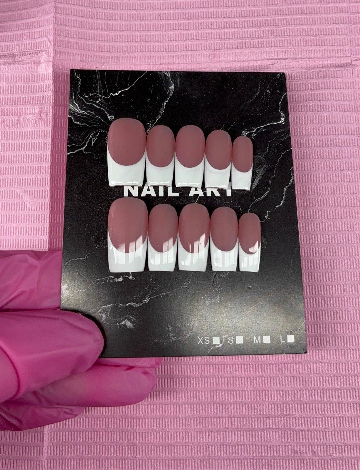 Medium square Press on nails white French tips nude gel