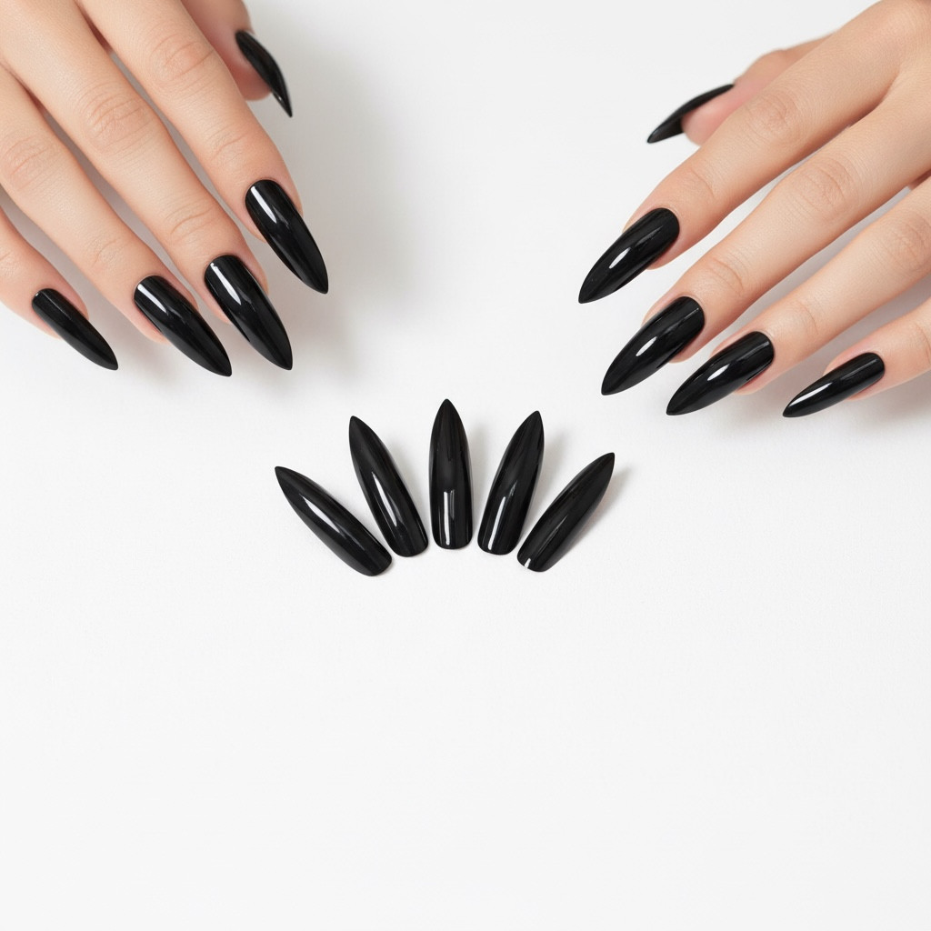 Black Glossy Halloween Design Sharp Stiletto Extra Long Press On False Nails