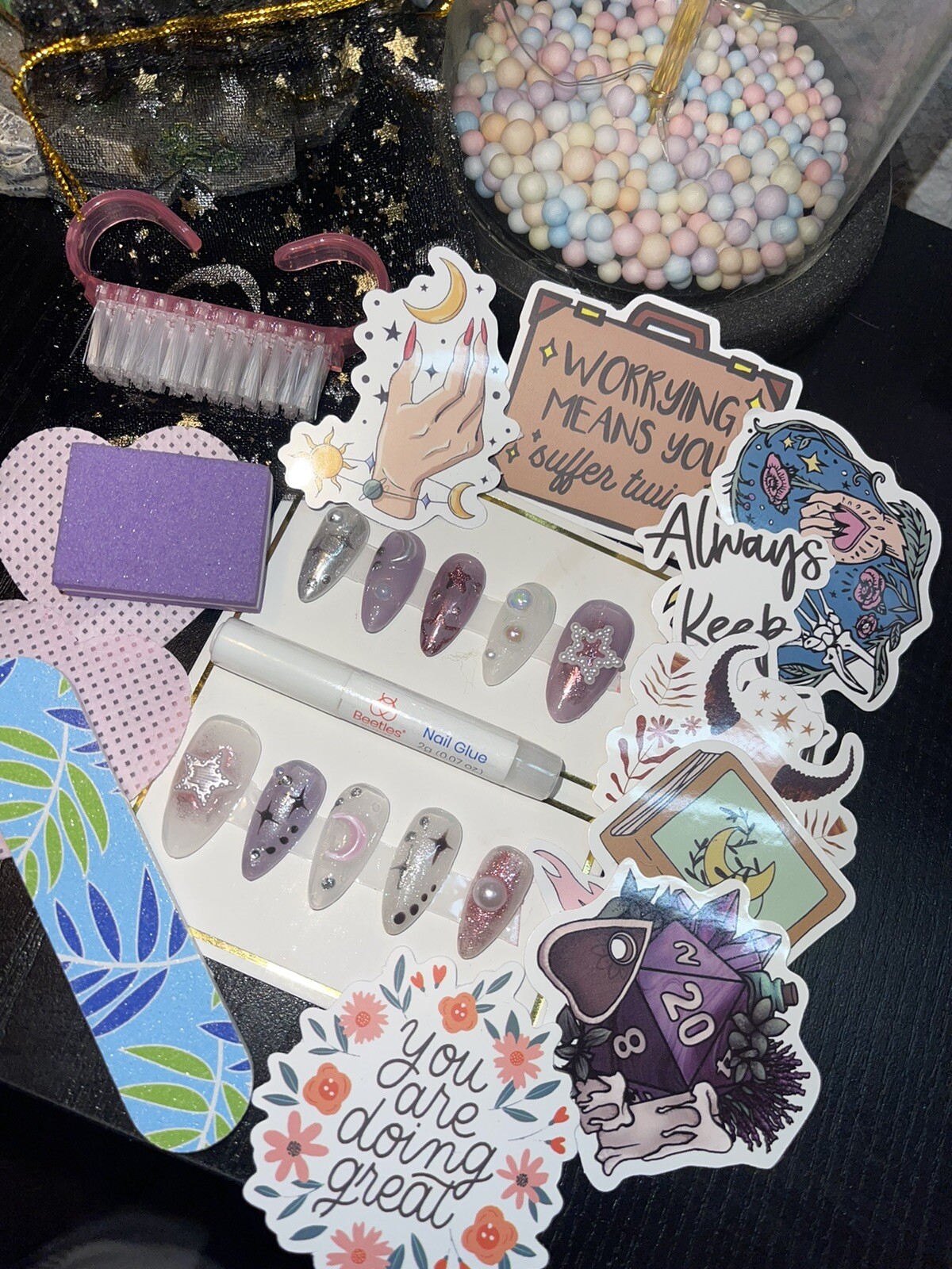 Trending Jelly Handpainted Press on Nails W/ Rhinestones. includes Prep Kit