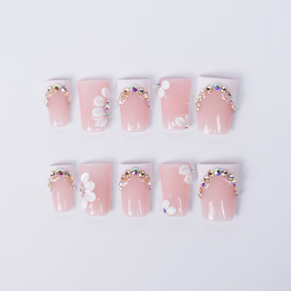Handmade Flower Press On Nails Pink Crystal Chain Duckbill Fake Nails Reusable
