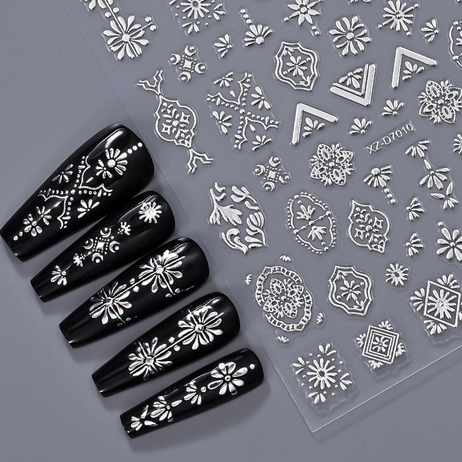 12 Sheets Silver Nail Art Stickers, 3D Self-Adhesive Bronzing Sun Moon Stars Bow