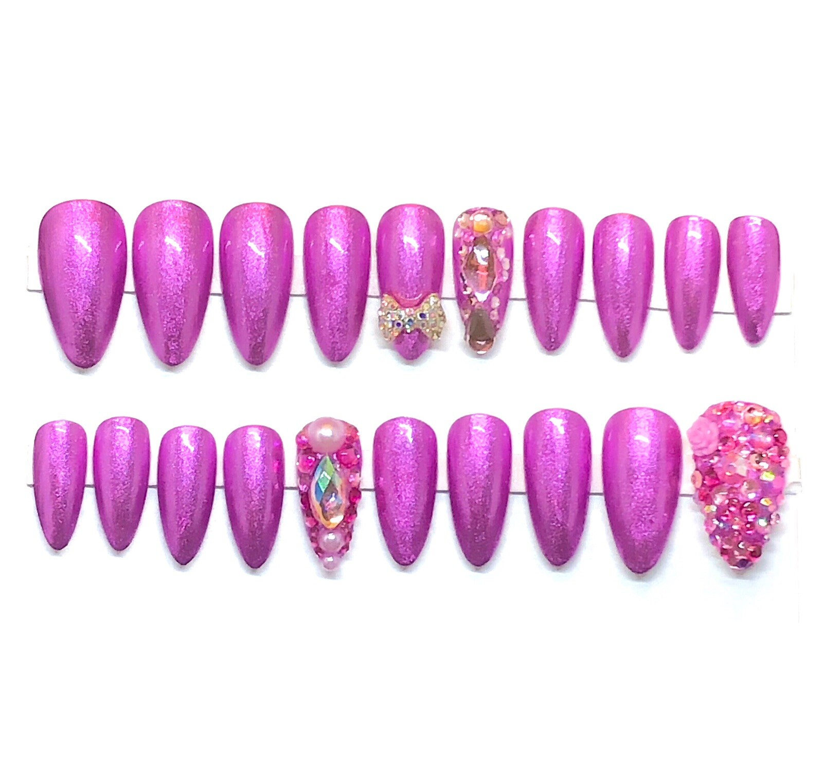 Handmade UV Gel Press On Nails Medium Length Almond Shape Pink Metallic & Bling