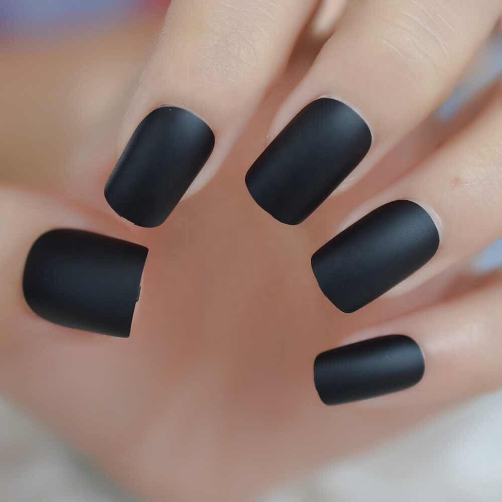 Matte Black Medium Square Press On Nails – Glue On False Set – 24 pcs Kit