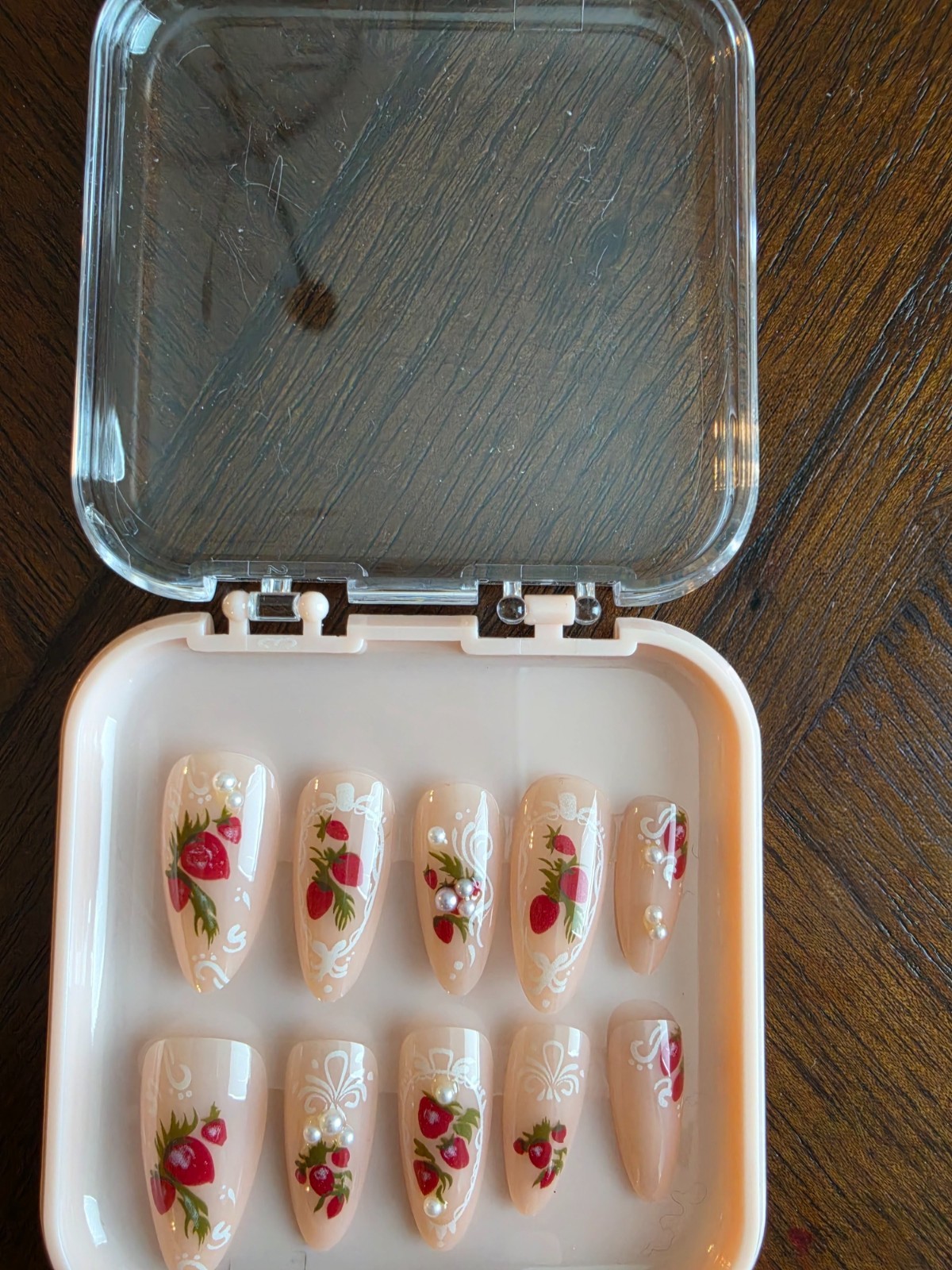 Strawberry Bow Press-On Nails | Pink lace pattern| Medium almond | 10-Piece Set