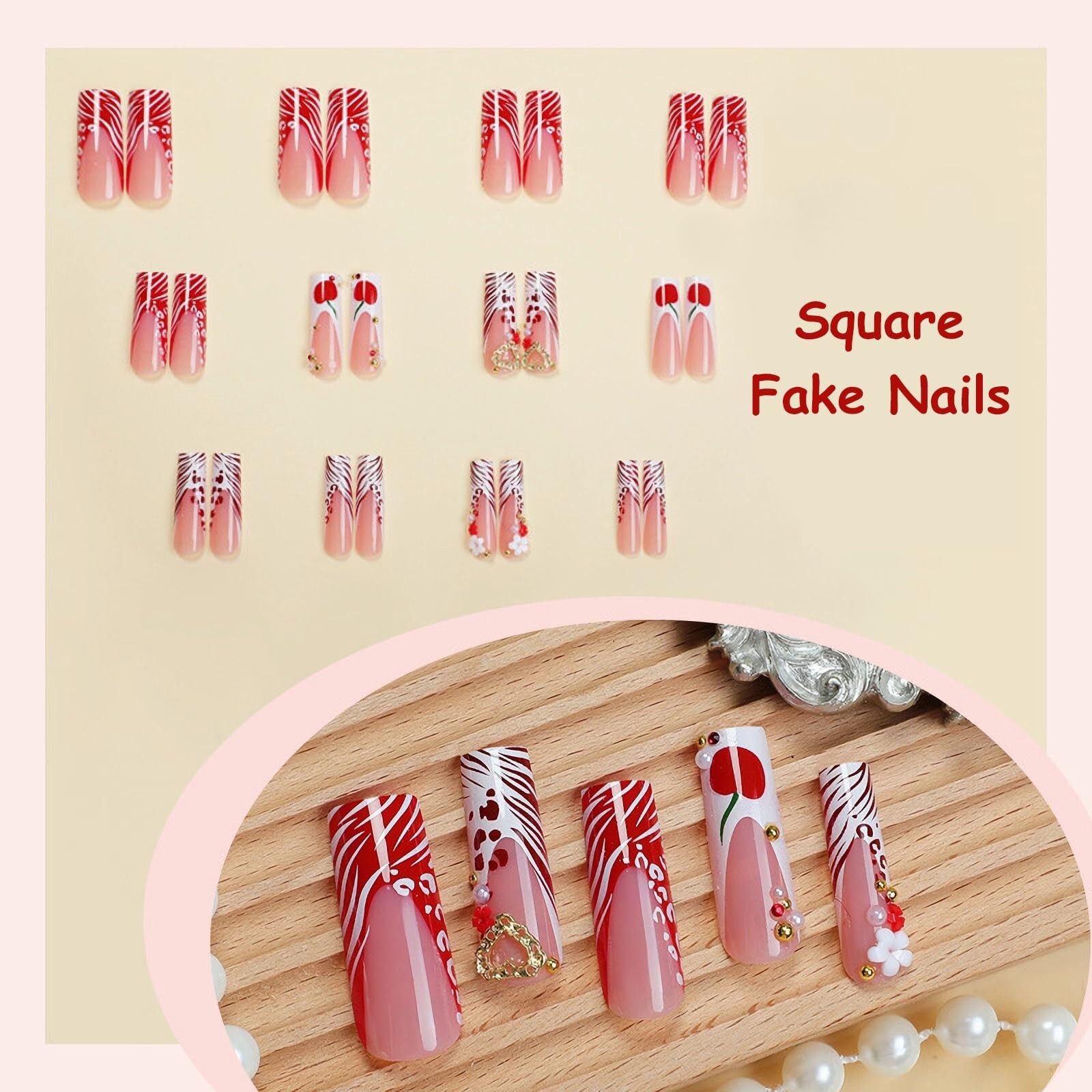 Cheetah Press On Nails – Red White Rhinestone Cherry Acrylic Long Square 24Pcs