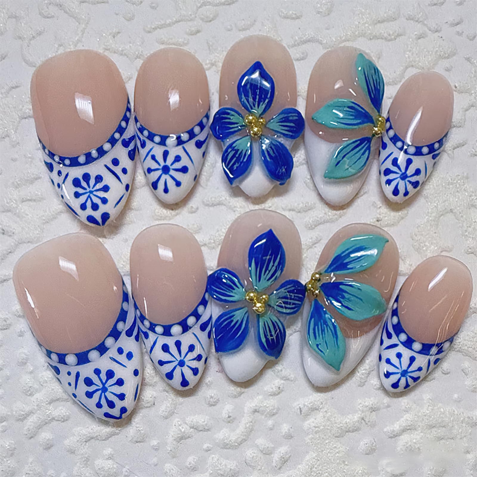 Jremg Blue Flower Press on Nails Medium Almond Fake Nails with 3D Floral Desi…