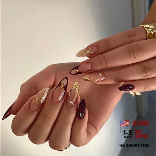 French Tip Gold Trim Acrylic Medium Almond Nude Pink Burgundy False Nails