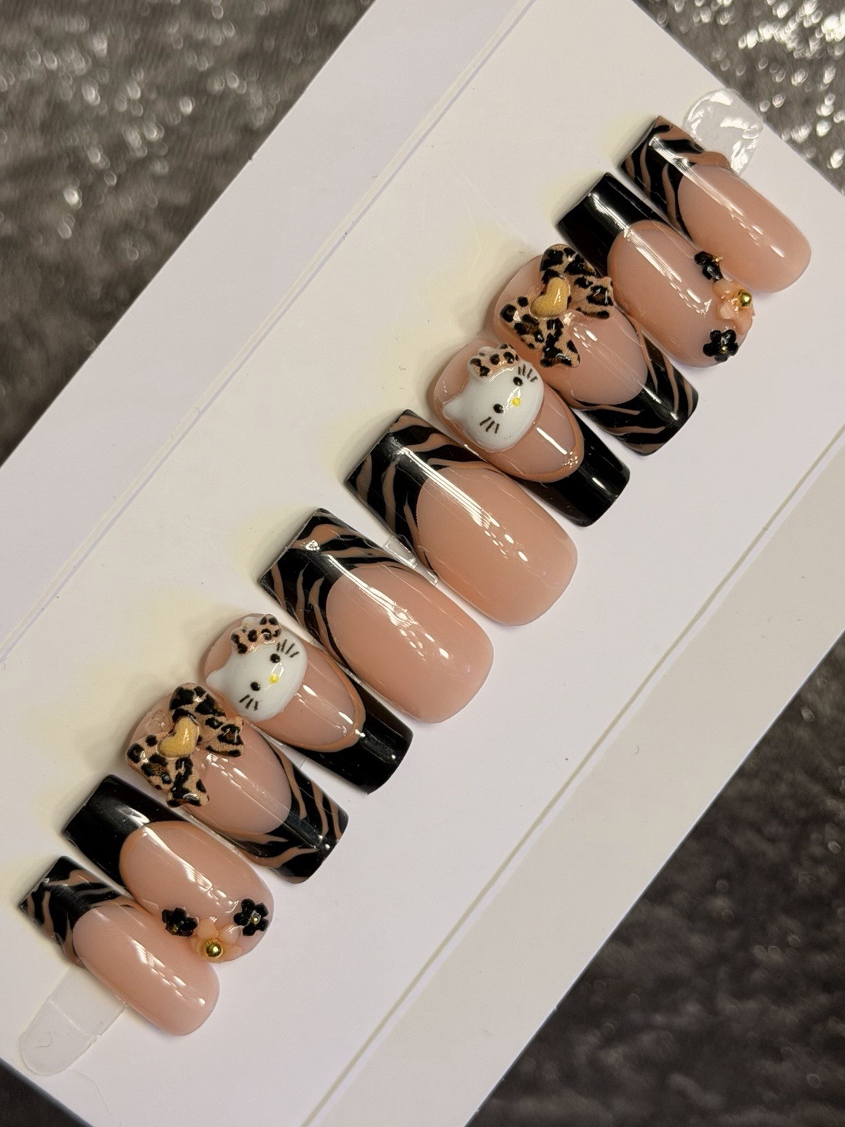 ✨ CUSTOM Press On Nails FRENCH BLACK HELLO KITTY BLING Flower 10p SET W Kit