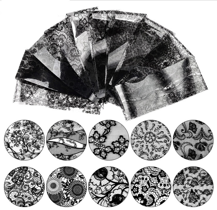 10 Sheet Black Lace Nail Art Foil Set Flower Floral Charm Nail Transfer Sticker