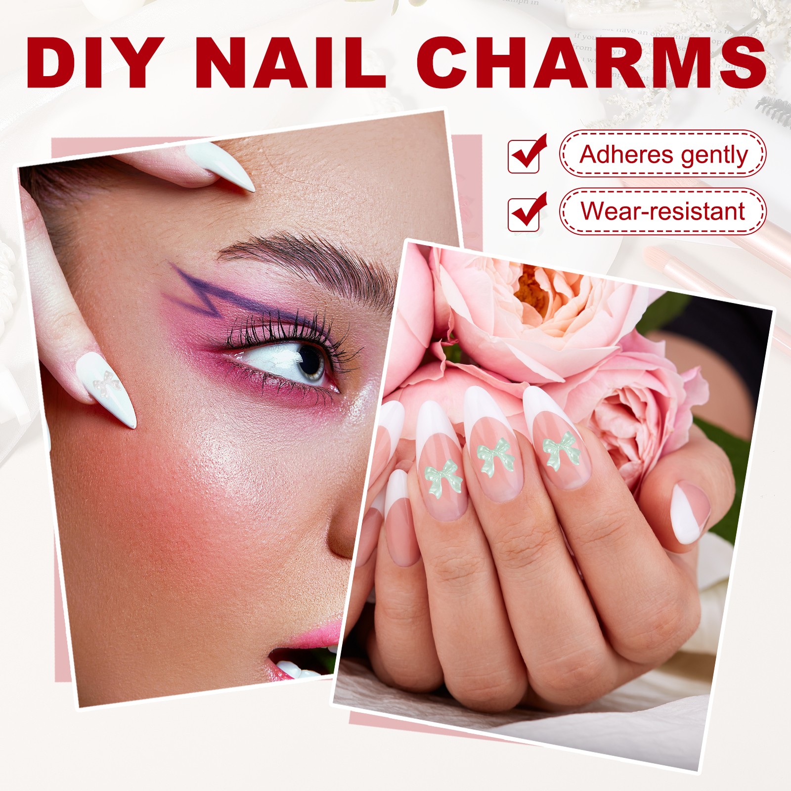 Nail Bows 3D Flowers for Nails for DIY Manicure 60Pcs White/Pink/Sheer Pink Set