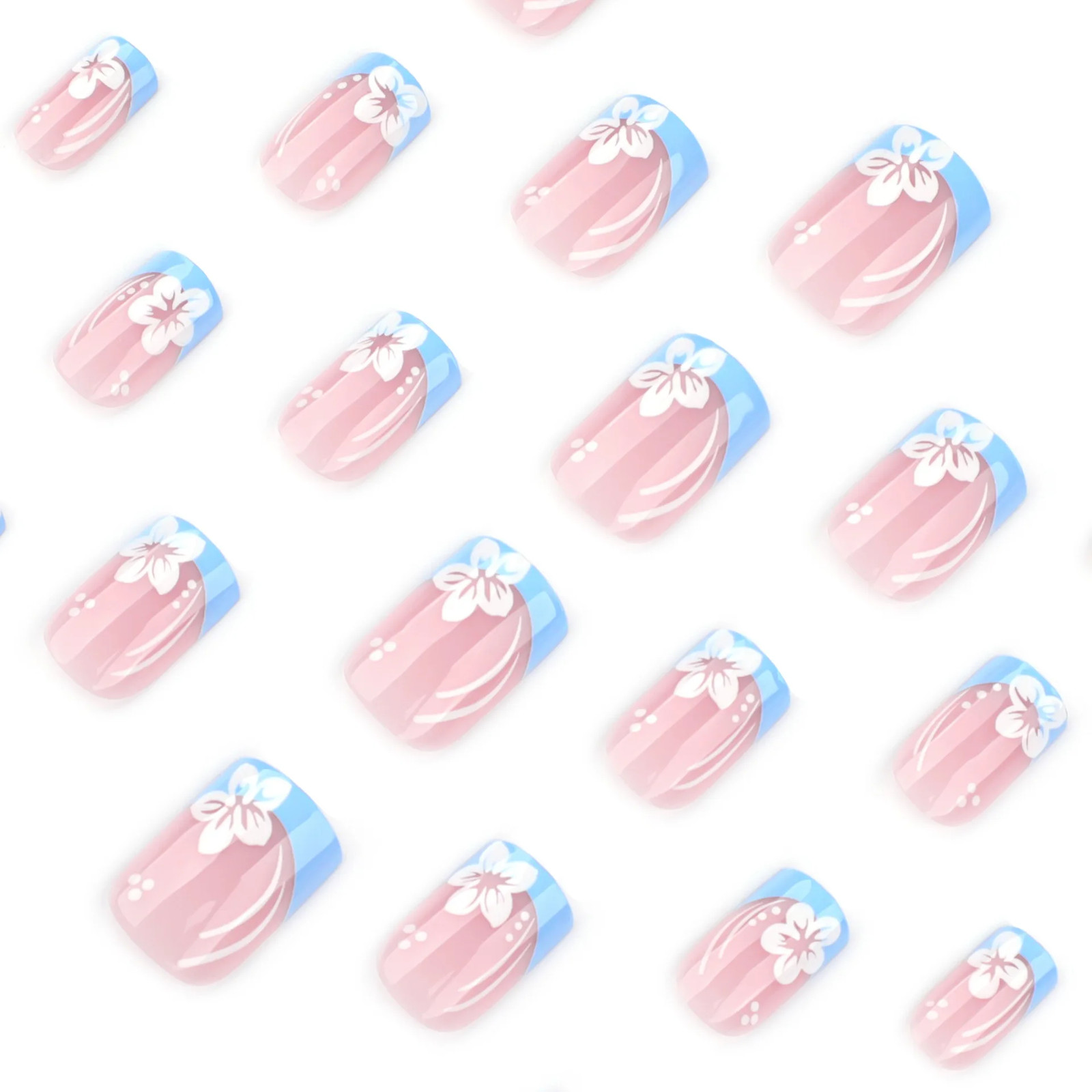 24pcs Spring White Flower Blue French Square Press On Nails