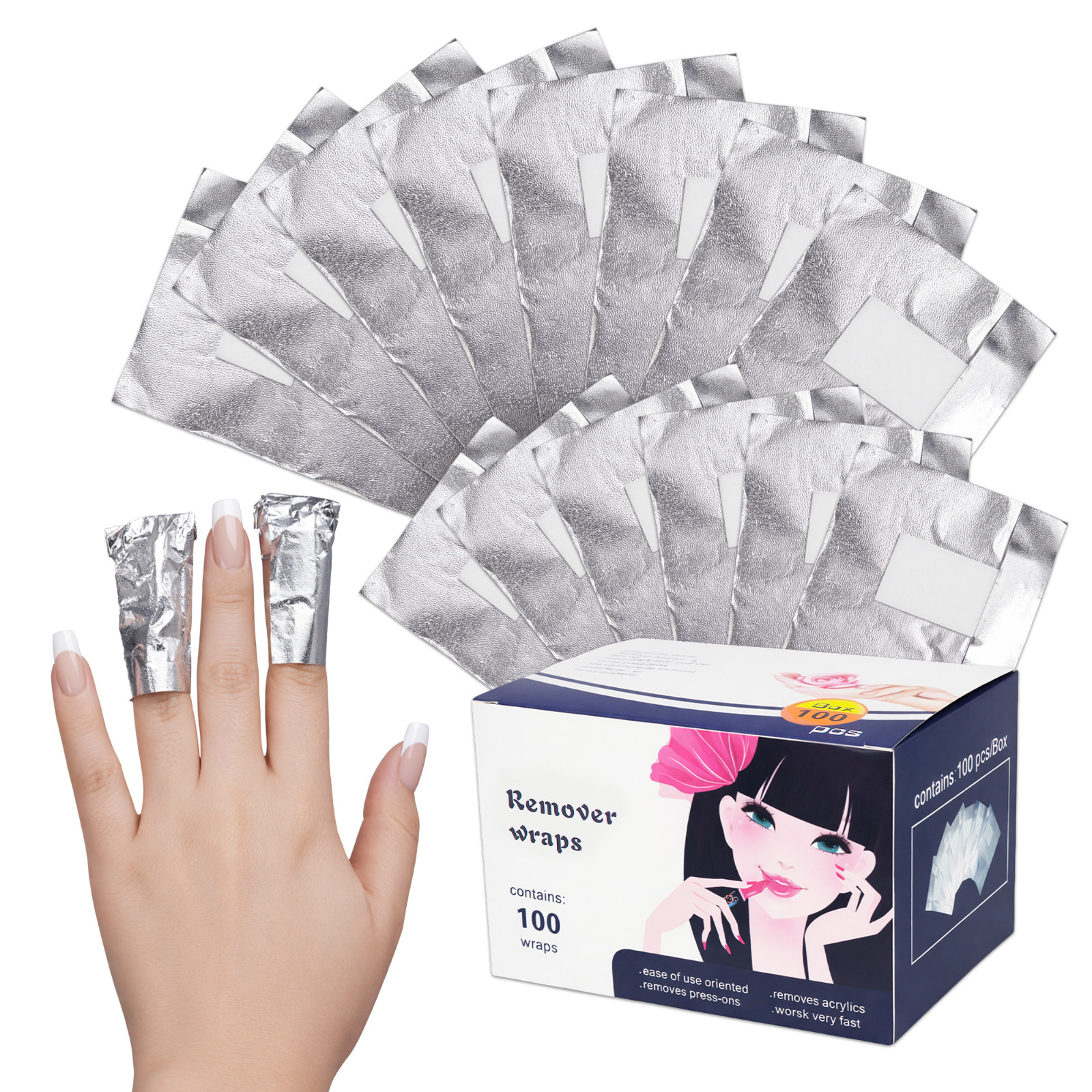 100pcs Gel Nail Polish Remover Wrap Foils w/Cotton Pad and Nail Gel Remover Tool