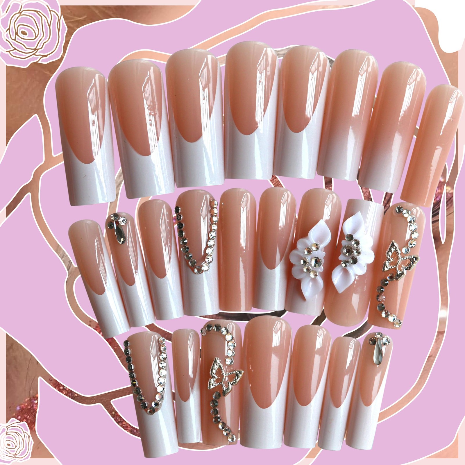 Floral Press on Nails Kit French Tip Nails Press Ons Long Silver butterfly Rh…