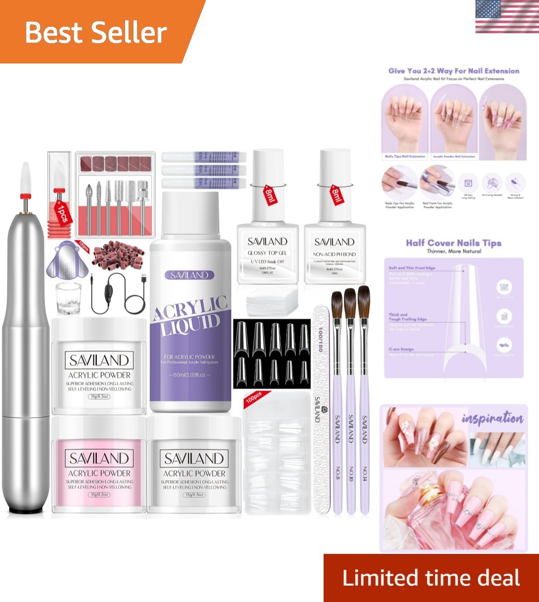 Acrylic Nail Kit with Drill: 15g White Pink Clear Acrylic Powder and Liquid S…