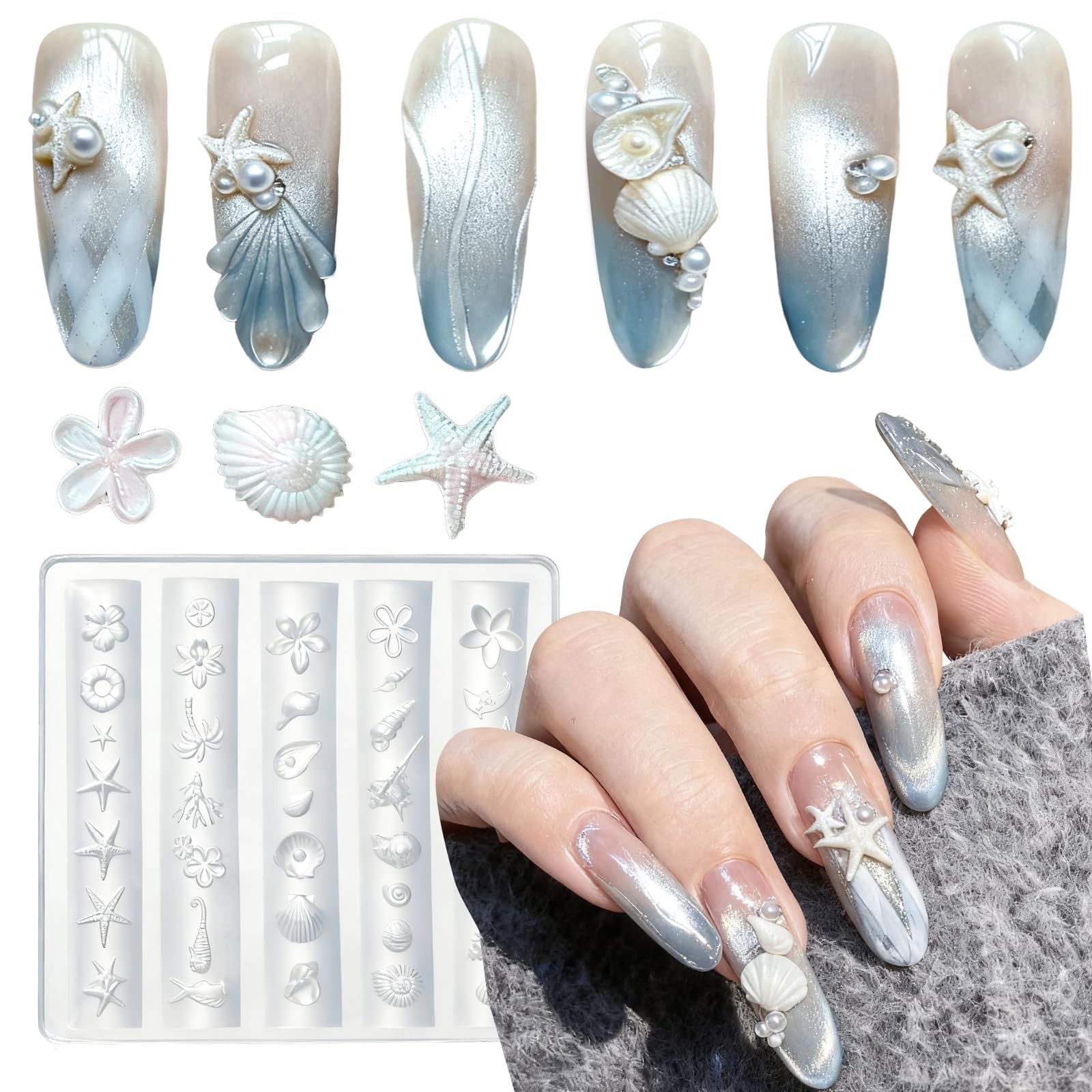 3D Nail Molds for Nail Art, Sea Shell Silicone Nail Molds DIY Ocean Charms Na…