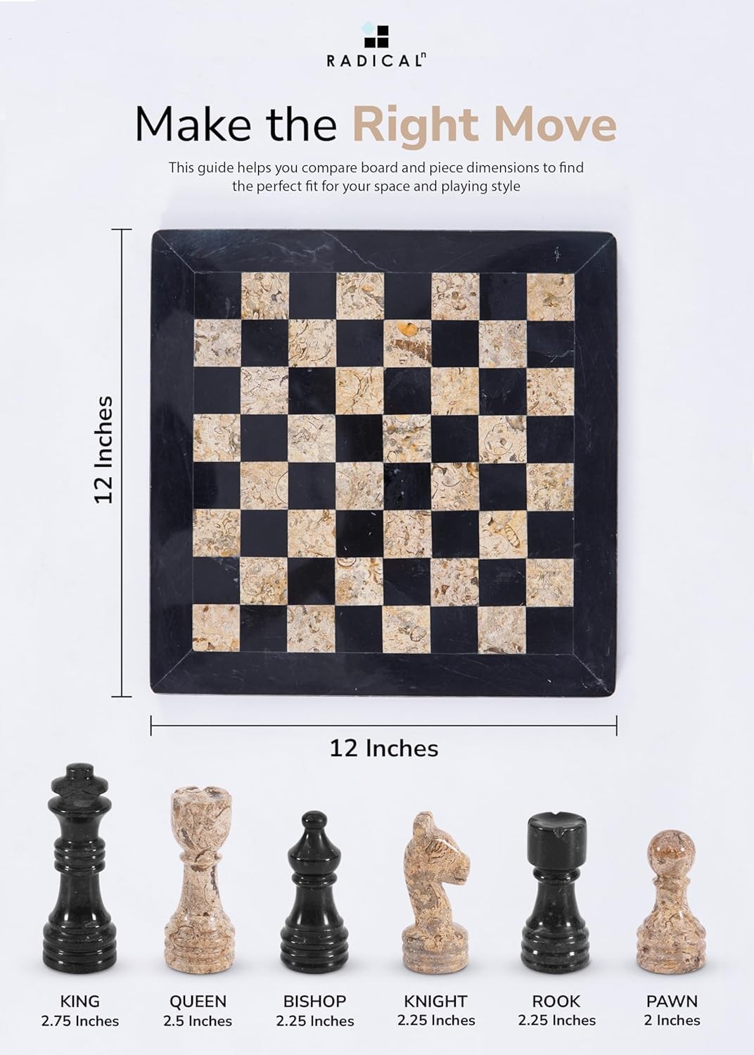 Radicaln Marble Chess Set 12” Inches Black and 12 inches, Coral