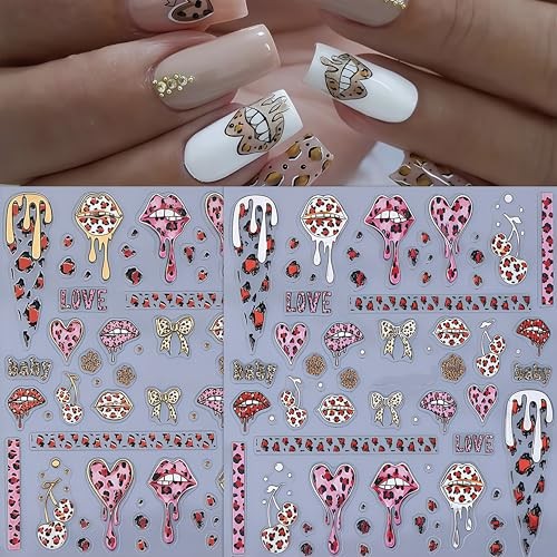 2 Sheets Valentines Day Nail Art Stickers Leopard Print Love Heart Nail bow