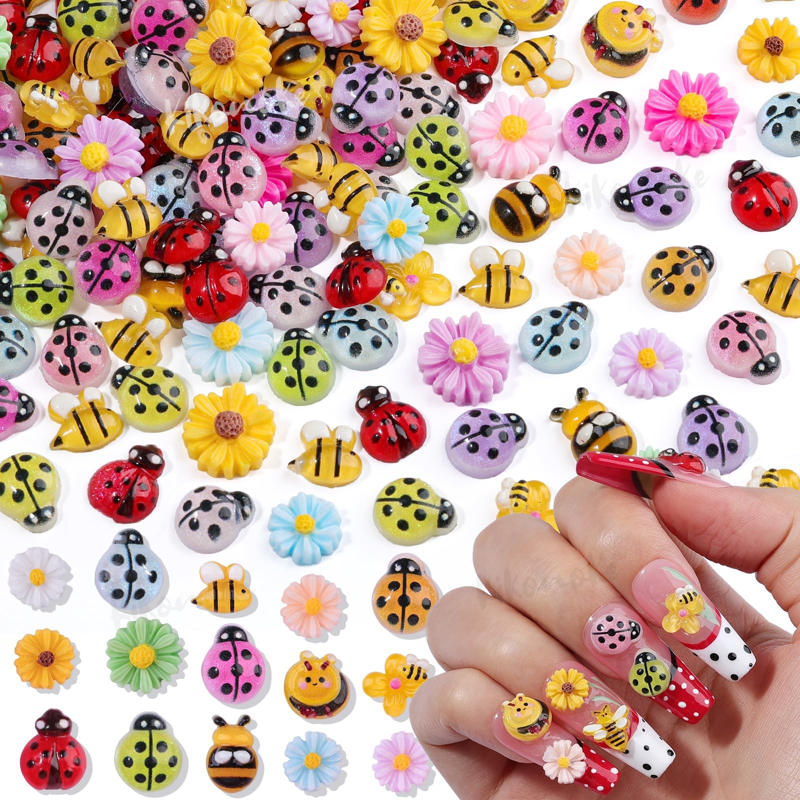 Kikonoke Ladybug Flower Nail Charms 200pcs Resin 3D