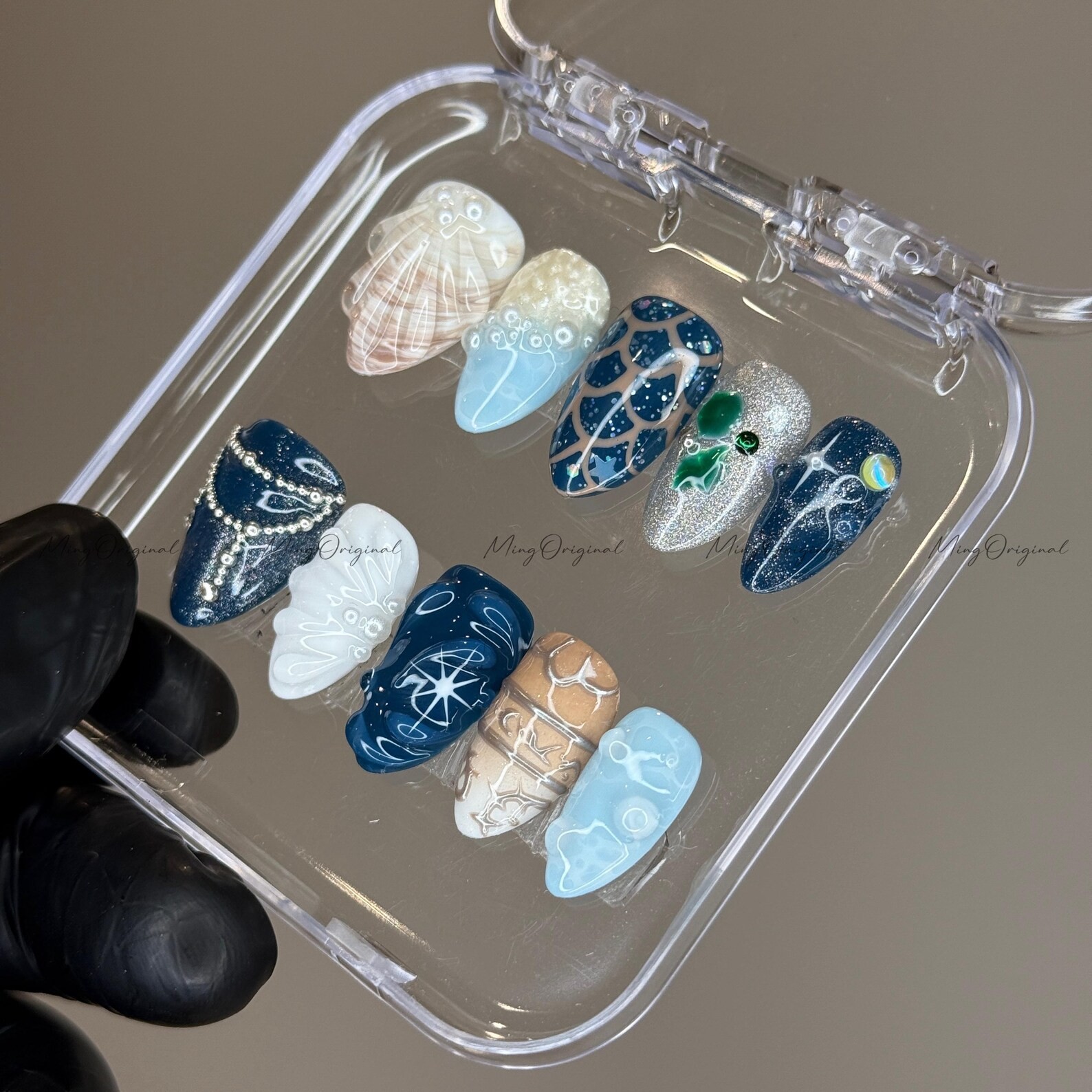 Handmade Deep Sea Scale Shell Butterfly Silver Chain Long Almond Press on Nails
