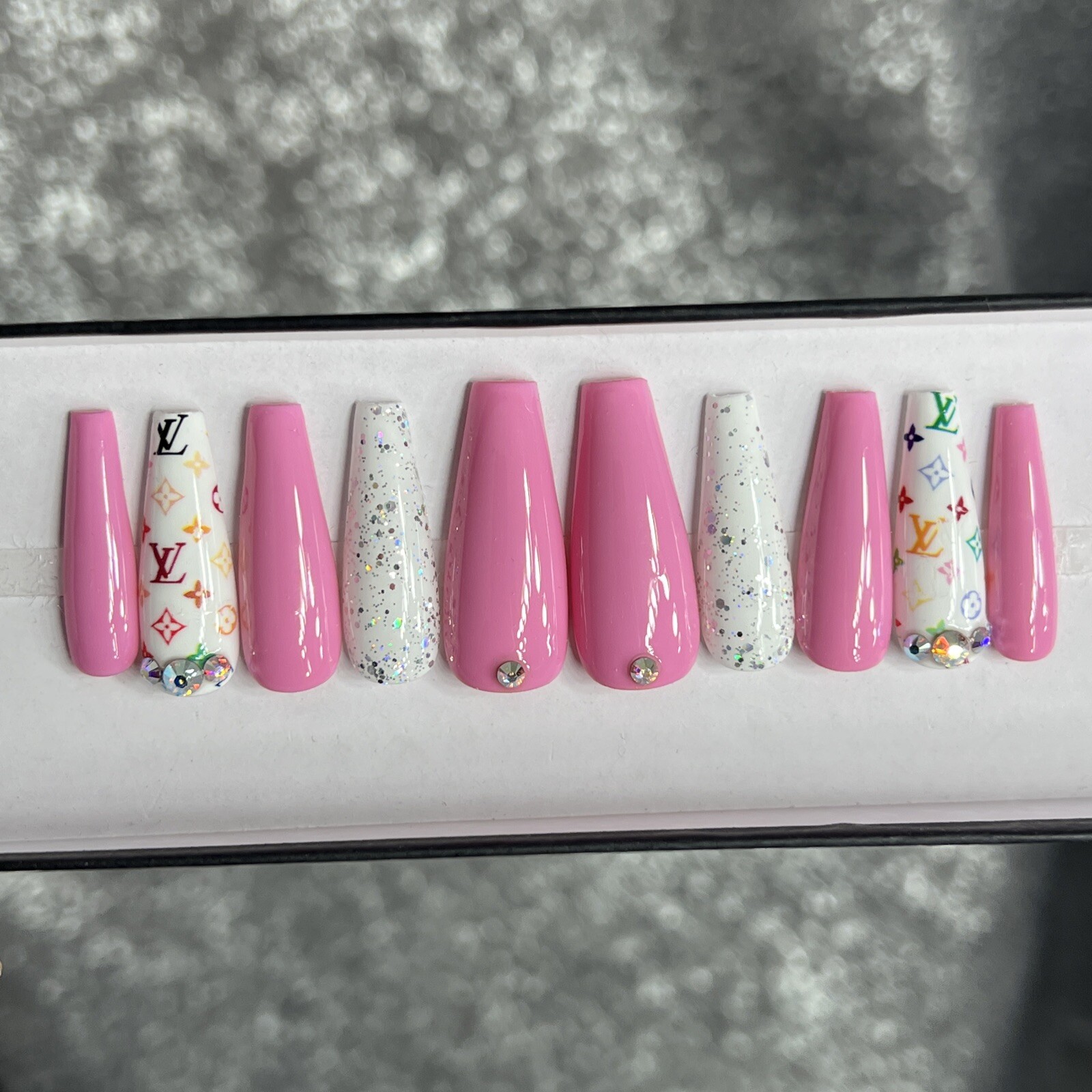 🌸 CUSTOM Luxury Gel Press Ons, PINK Long Coffin, 10p Set With FULL KIT