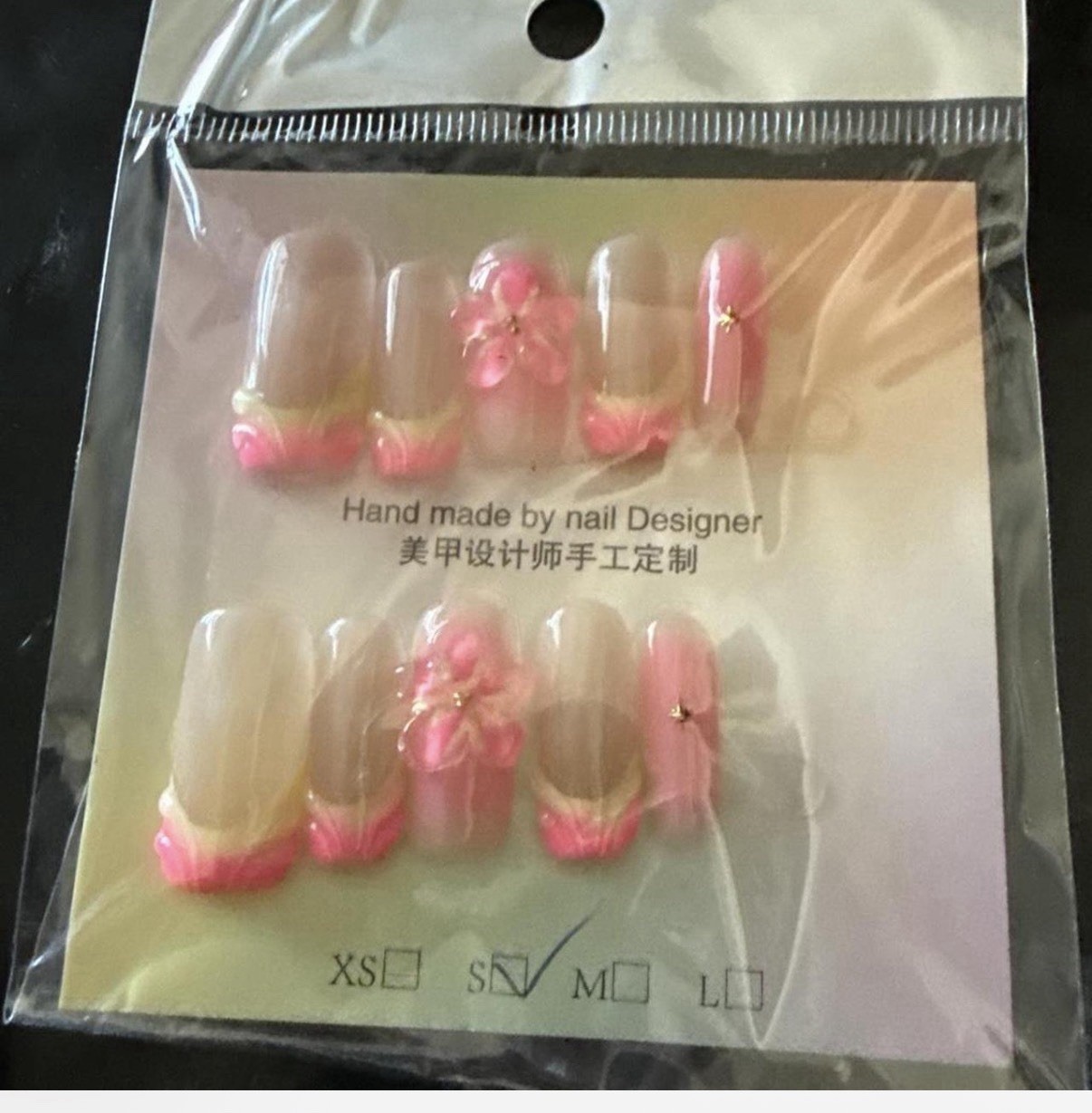 Press-On Nails 3D Shiny Pre-Designed Pink Clear French Tip Flower Small Square