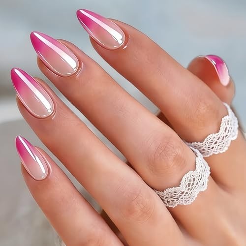 Almond Press on Nails – Medium – Medium – ombre Fushia – Chrome