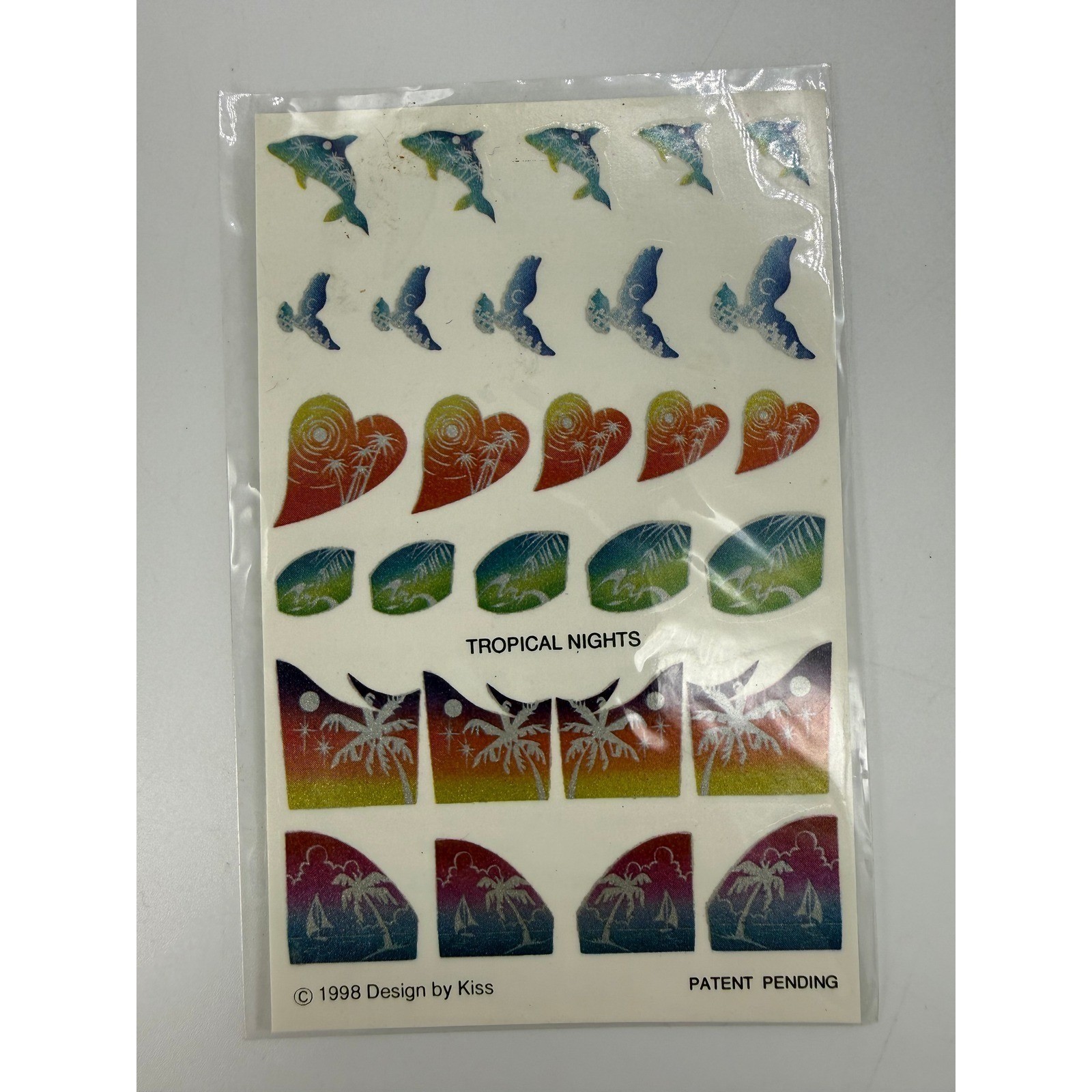 Vintage 1998 Kiss Nail Art Tropical Nights Decals Palm Tree Dolphin Glitter 90s
