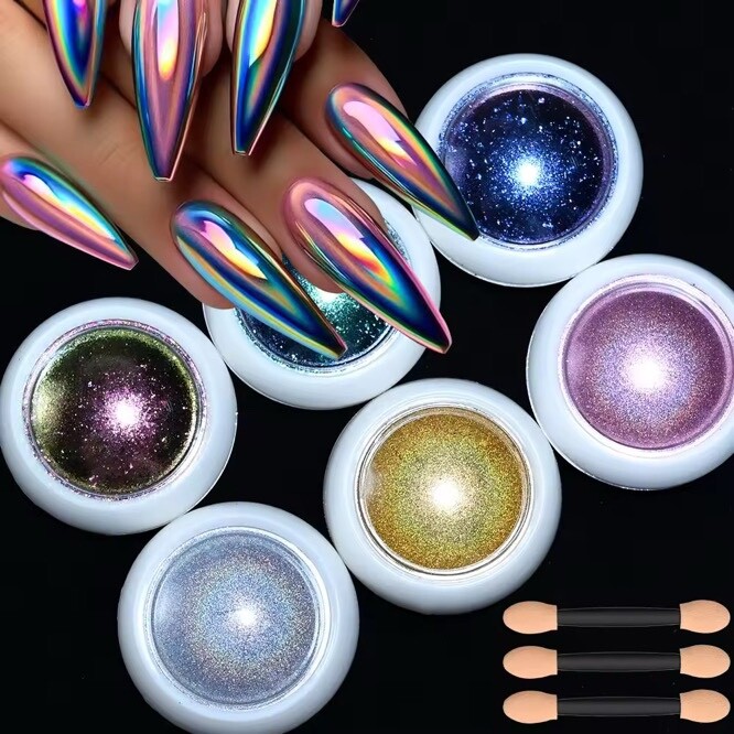 6pcs/Set Chameleon Laser Nail Mirror Chrome Powder Set Solid Rubbing Chrome Dust