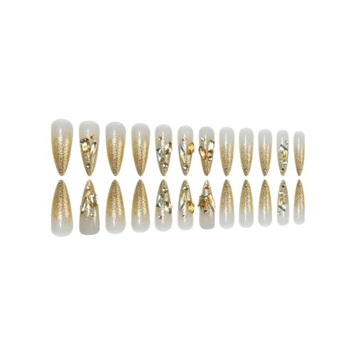 Long Stiletto Press on Nails French Tip Fake Nails Gold Almond Style 02-38