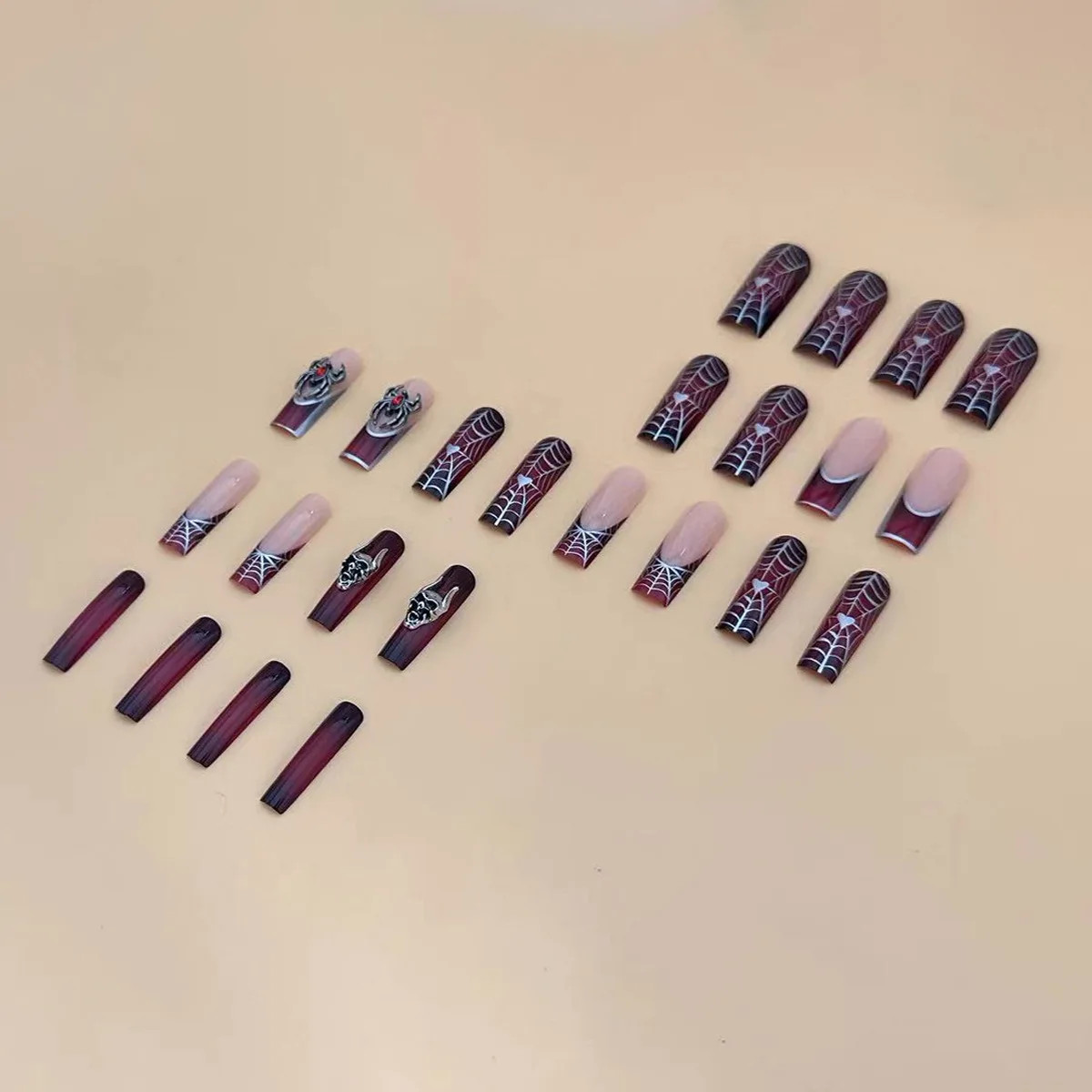 24pcs Halloween Gothic 3D Spider Skull Coffin Press On Nails