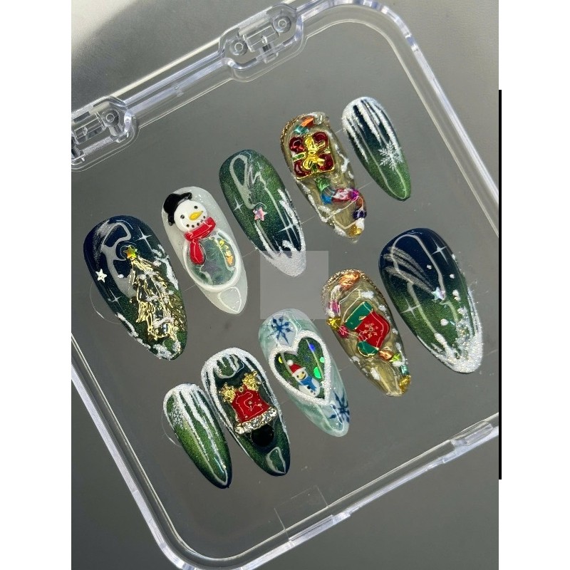 Christmas Handmade Press on Nails Snowman Tree Snowflake Glitter Fake Nails