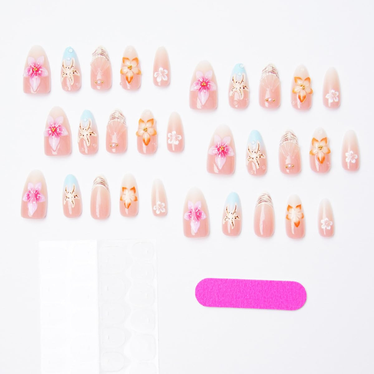 30Pcs Pink Flower Press on Nails Medium Almond Fake Nails 3D Floral with Gold Be