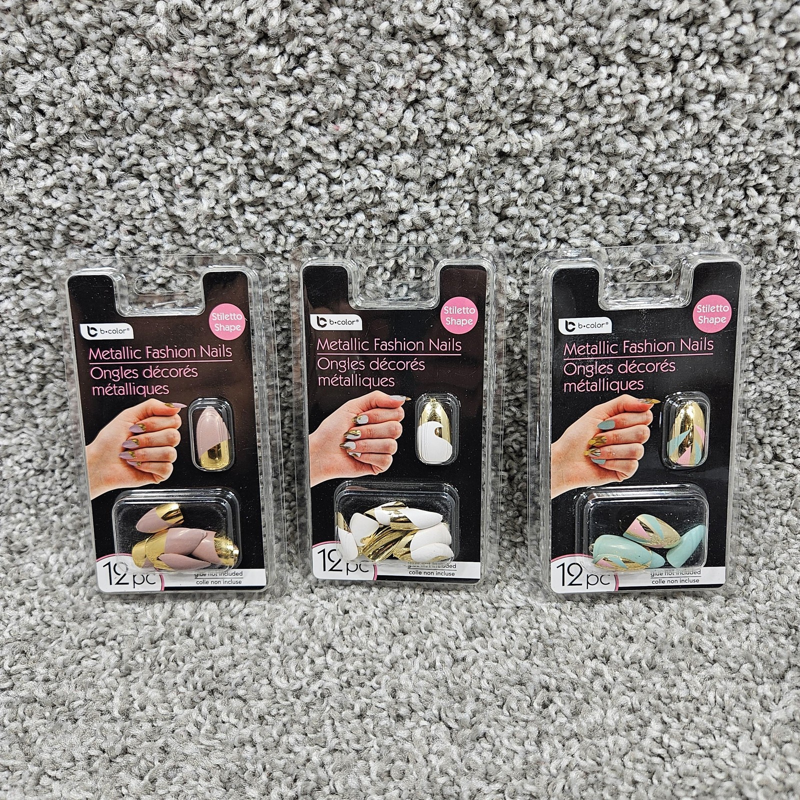 B-Color Metallic Fashion Nails Set 3 Pack Stiletto Shape 12pc Glue On Gold Tips