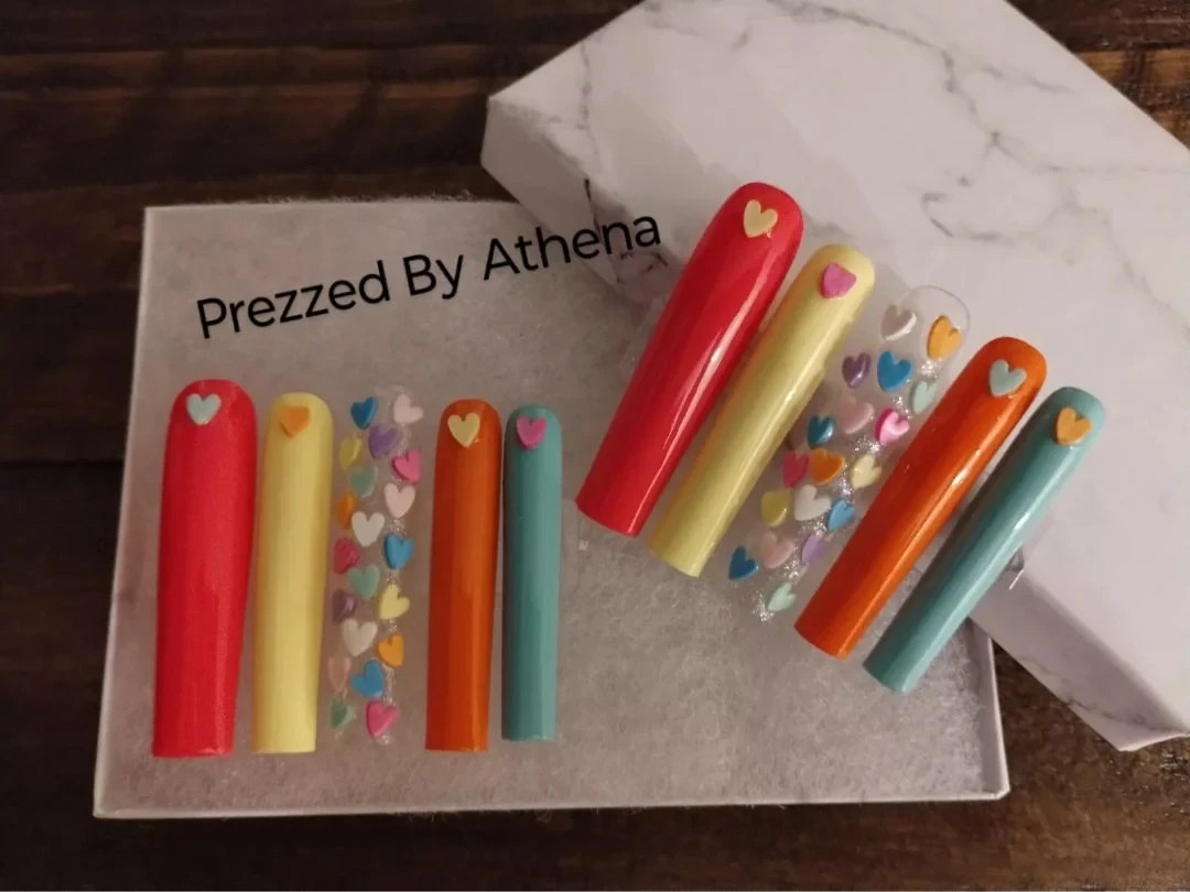 Luxury Handmade Press-On Nails I Reusable I Colorful Hearts I Square Shape l 3XL