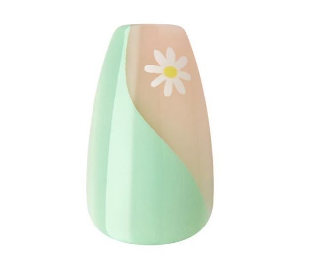 KISS NAILS GLUE ON SHINY PINK, BLUE, YELLOW MEDIUM LENGTH, COFFIN SHAPE 48 COUNT
