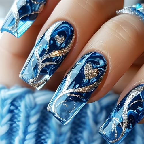 Gold Curve Line Press on Nails Sea Medium Square Fake Nails 24Pcs Blue Gradient