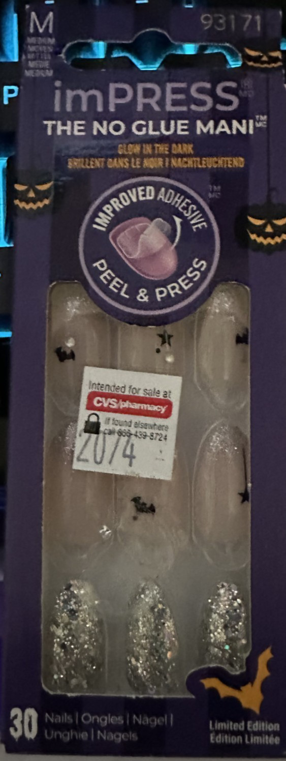 Kiss Impress! Nails Halloween clear silver glitter bats french almond glow