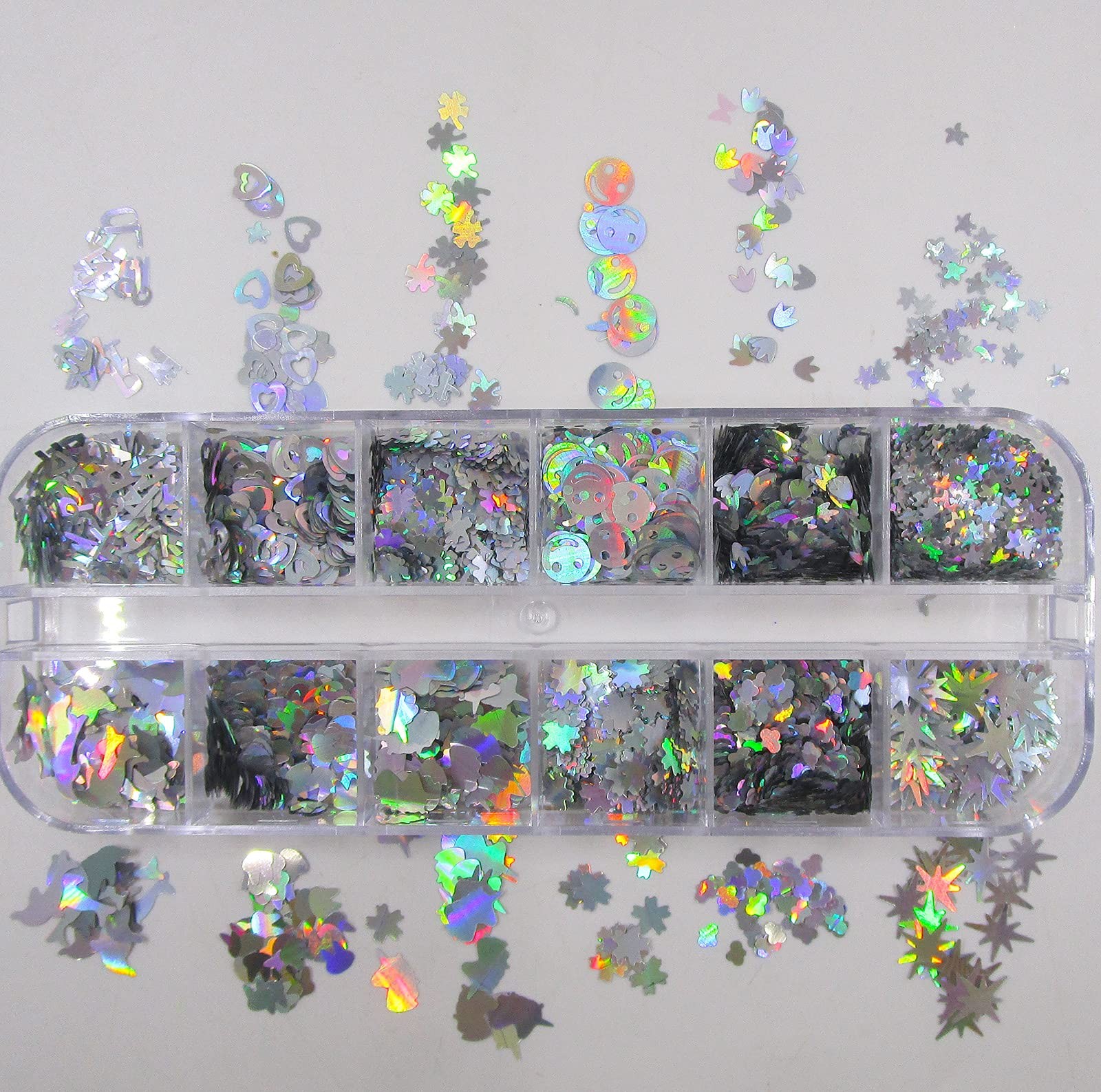 2 Boxes Holographic Silver Nail Glitters Sequins Butterfly Hearts Star Shape …