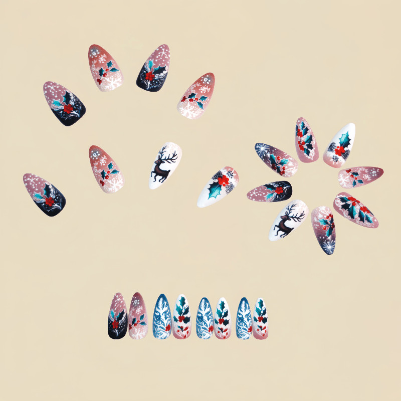 48P Stiletto Press on Nails, Reindeer Holly Snowflake Winter Xmas Fake Nails