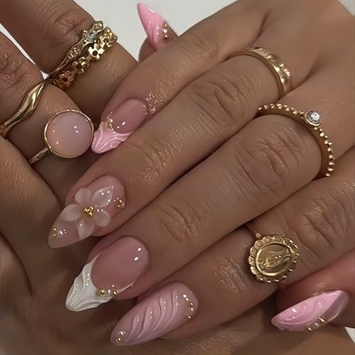 Almond 3D Pink Press on Nails – Medium French Tip Fake Nails – Flower